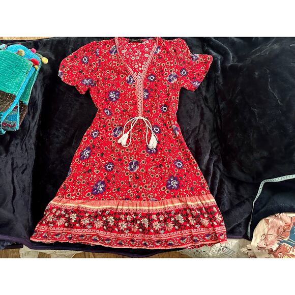 LEANI BOHO BORDER PRINT DRAWSTRING WAIST RAYON DRESS S - Picture 3 of 8